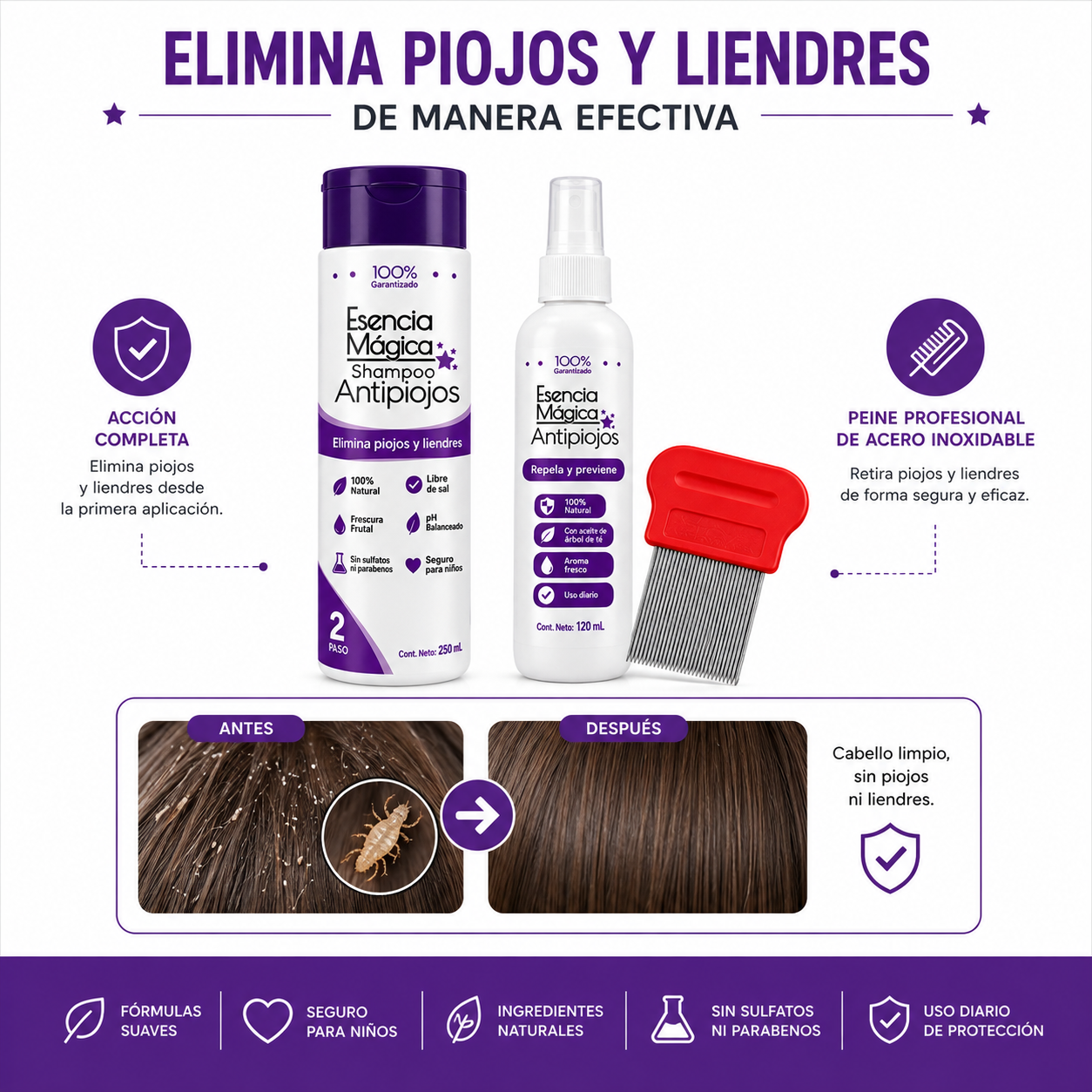 KIT ANTIPIOJOS 100% NATURAL + PEINE GRATIS - ENVÍO GRATIS 😎😉