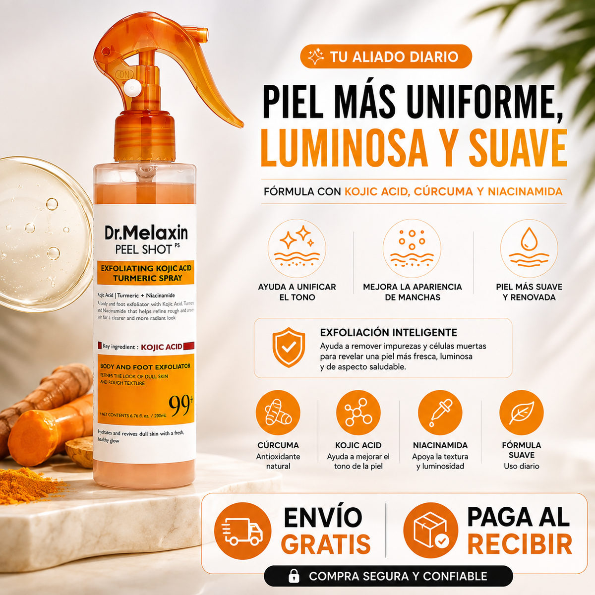 DR. MELAXIN PEEL SHOT SPRAY | SPRAY EXFOLIANTE ACLARANTE PARA MANCHAS EN AXILAS, RODILLAS Y CODOS | ENVÍO GRATIS