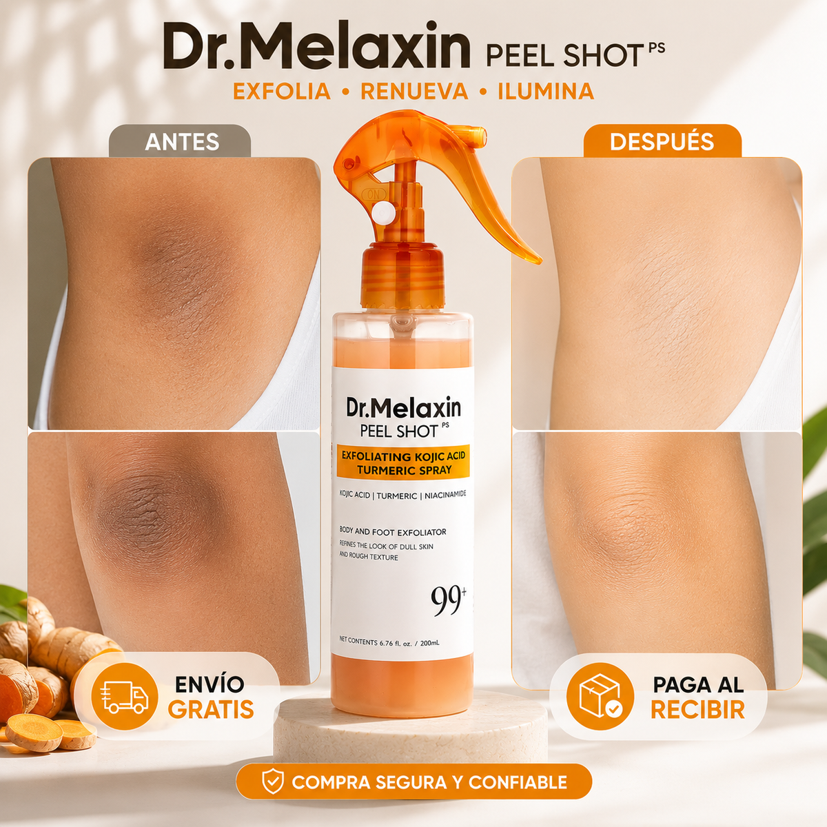 DR. MELAXIN PEEL SHOT SPRAY | SPRAY EXFOLIANTE ACLARANTE PARA MANCHAS EN AXILAS, RODILLAS Y CODOS | ENVÍO GRATIS